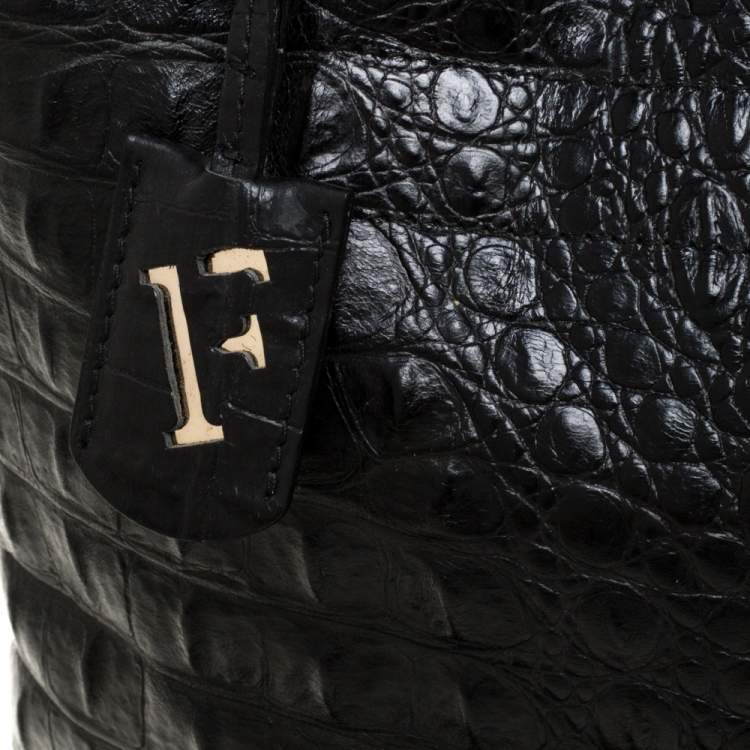 مملوكة مسبقًا Furla Black Croc Embossed Leather Tote