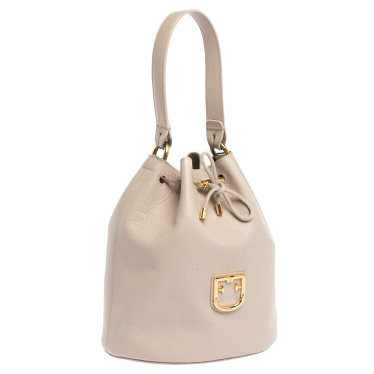 Pre Owned Furla Nude Leather Drawstring Bucket Bag