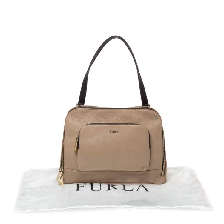 Pre Owned Furla Beige Leather Front Pocket Satchel