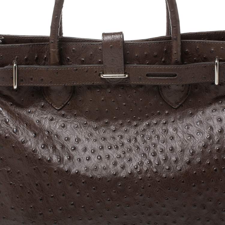 Pre Owned Furla Brown Ostrich Embossed Leather Large Greta Tote