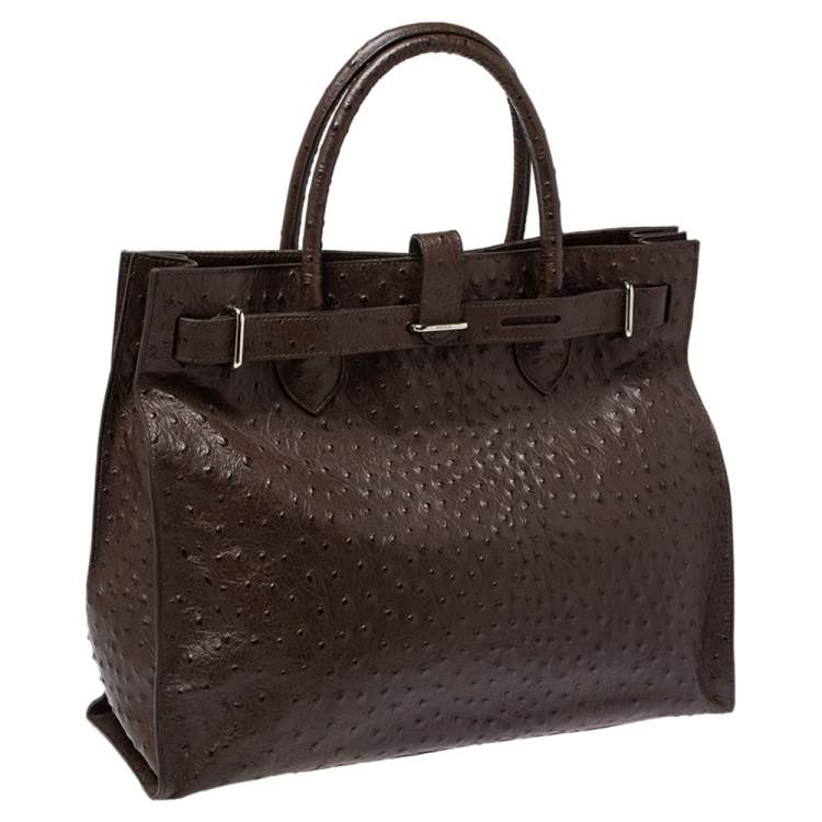 Pre Owned Furla Brown Ostrich Embossed Leather Large Greta Tote