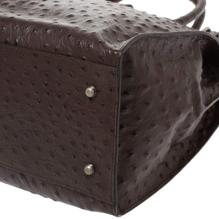 Pre Owned Furla Brown Ostrich Embossed Leather Large Greta Tote