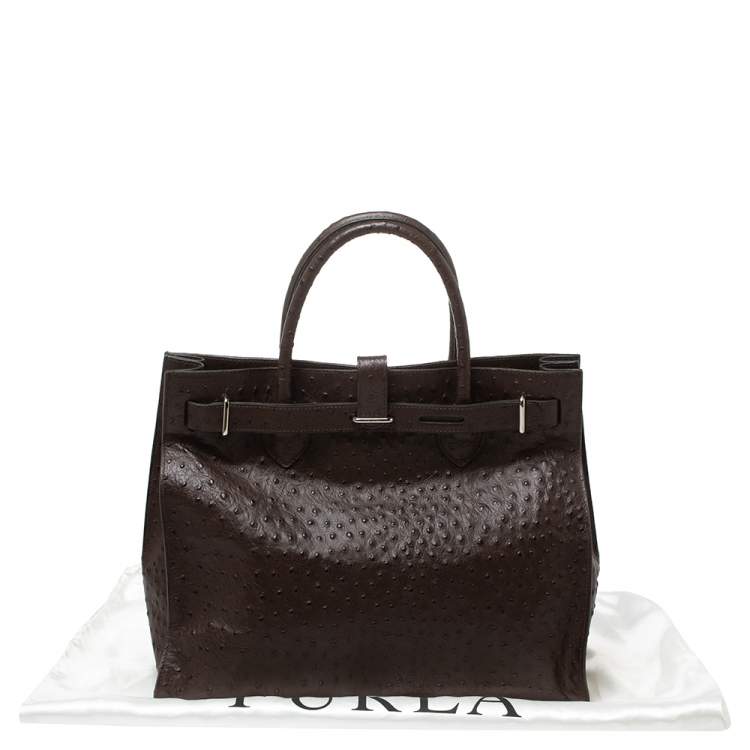 Pre Owned Furla Brown Ostrich Embossed Leather Large Greta Tote