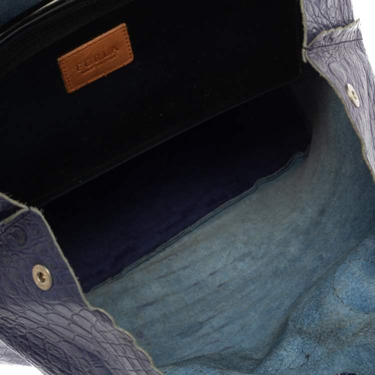 Pre Owned Furla Indigo Croc Embossed Leather Tote