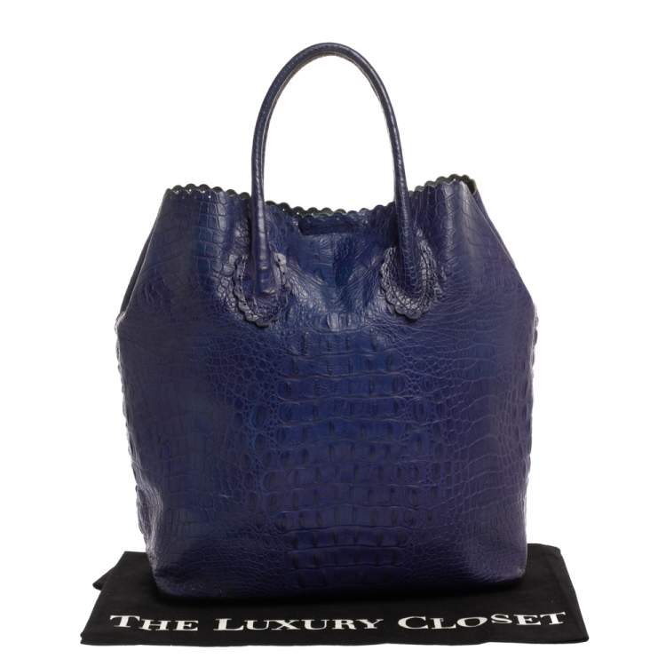 Pre Owned Furla Indigo Croc Embossed Leather Tote