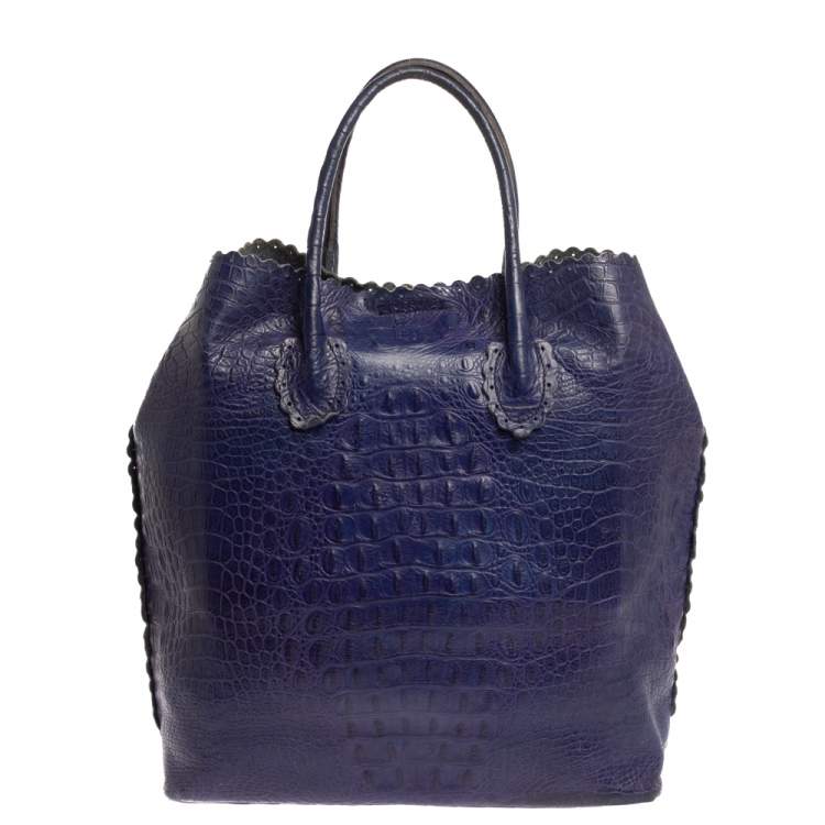 Pre Owned Furla Indigo Croc Embossed Leather Tote