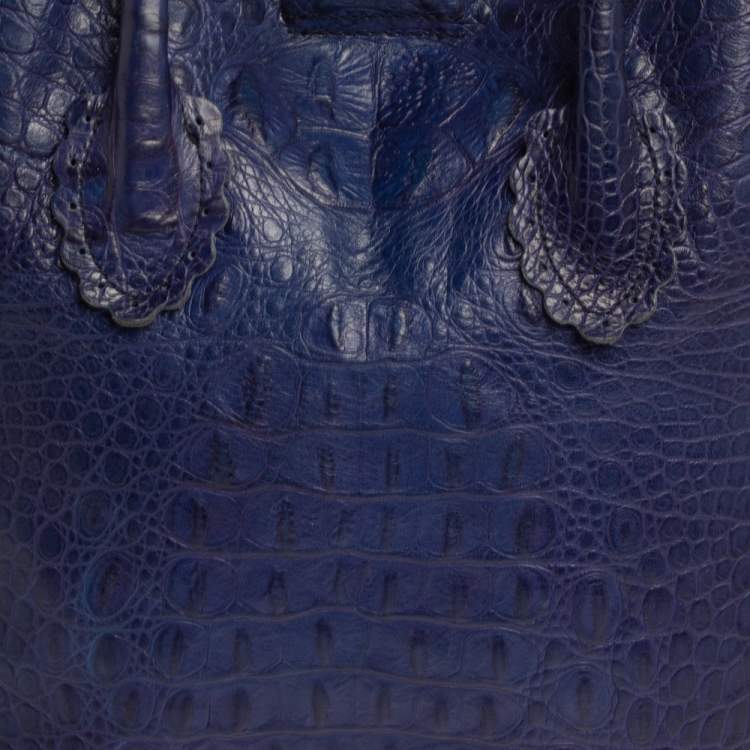Pre Owned Furla Indigo Croc Embossed Leather Tote