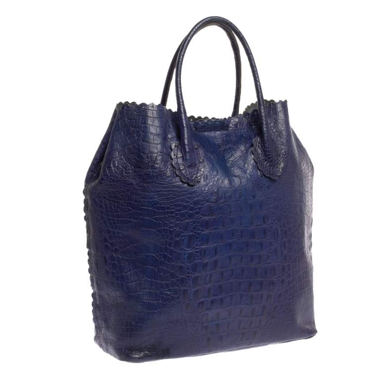 Pre Owned Furla Indigo Croc Embossed Leather Tote
