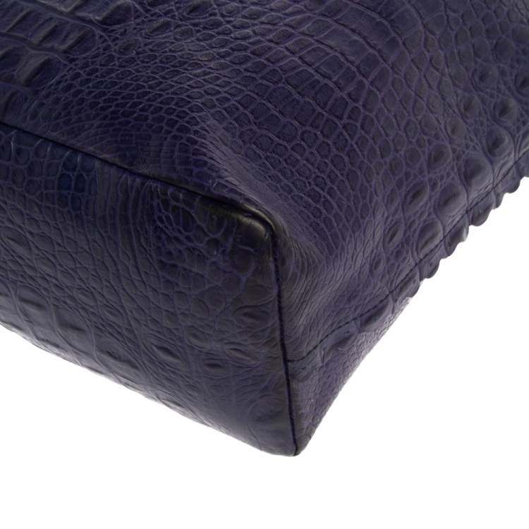 Pre Owned Furla Indigo Croc Embossed Leather Tote