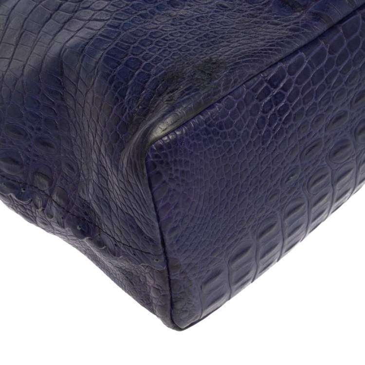 Pre Owned Furla Indigo Croc Embossed Leather Tote