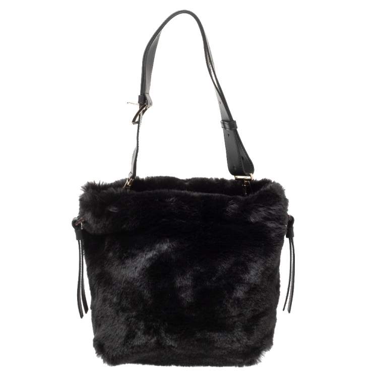 Pre Owned Furla Black Faux Fur Caos Bucket Bag