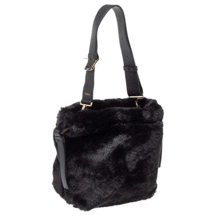 Pre Owned Furla Black Faux Fur Caos Bucket Bag
