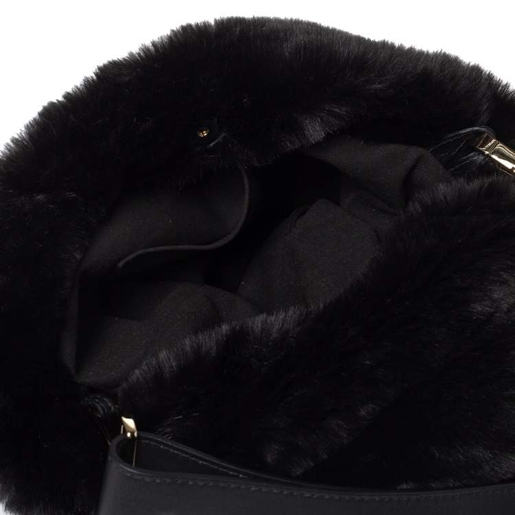 Pre Owned Furla Black Faux Fur Caos Bucket Bag