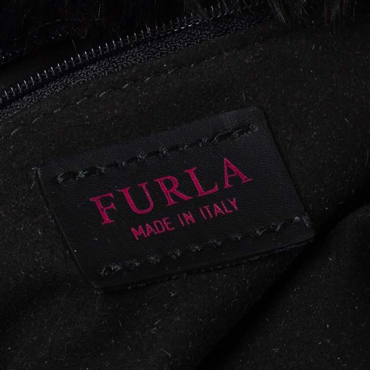 Pre Owned Furla Black Faux Fur Caos Bucket Bag