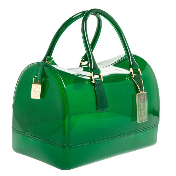 Pre Owned Furla Green Rubber Medium Candy Satchel