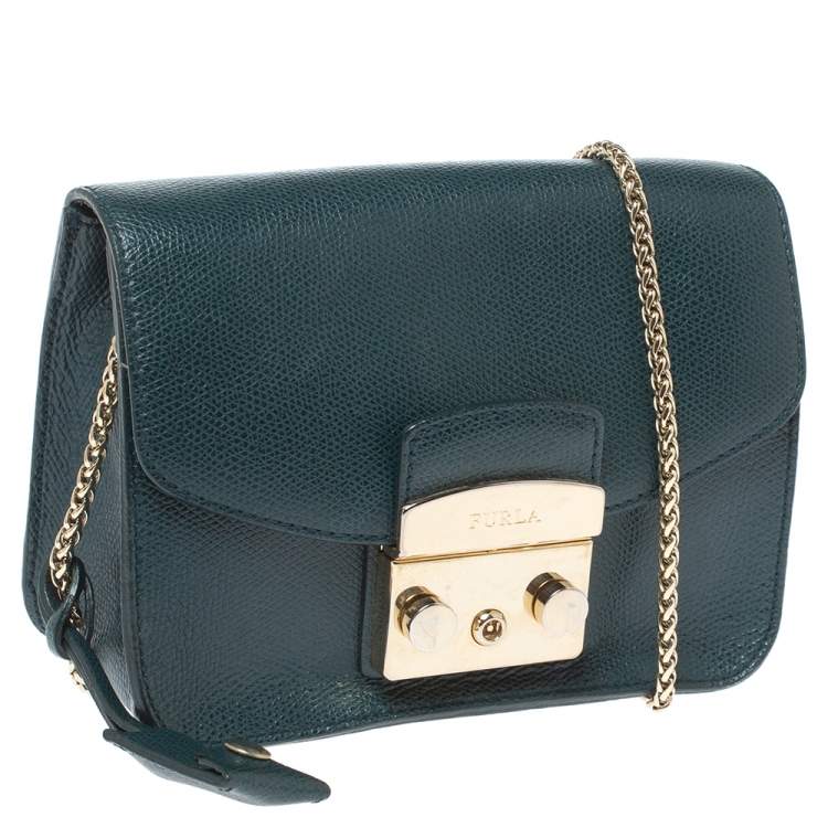 Pre Owned Furla Deep Green Leather Mini Metropolis Chain Shoulder Bag