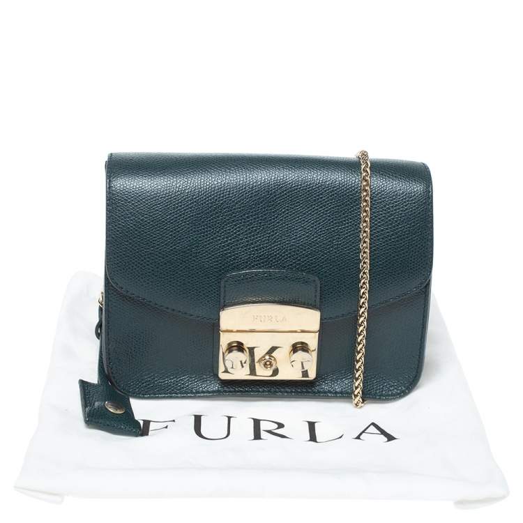 Pre Owned Furla Deep Green Leather Mini Metropolis Chain Shoulder Bag