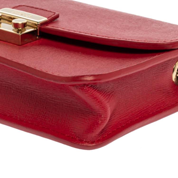 Pre Owned Furla Red Leather Mini Metropolis Chain Crossbody Bag