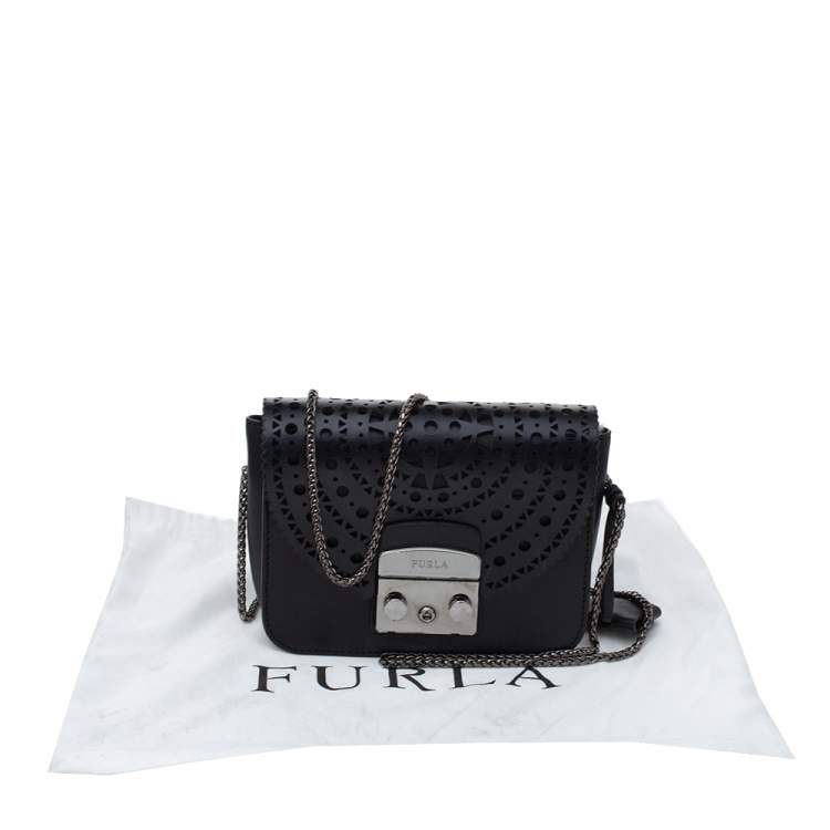 Pre Owned Furla Onyx Black Laser Cut Leather Mini Metropolis Crossbody Bag