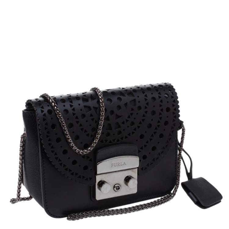 Pre Owned Furla Onyx Black Laser Cut Leather Mini Metropolis Crossbody Bag
