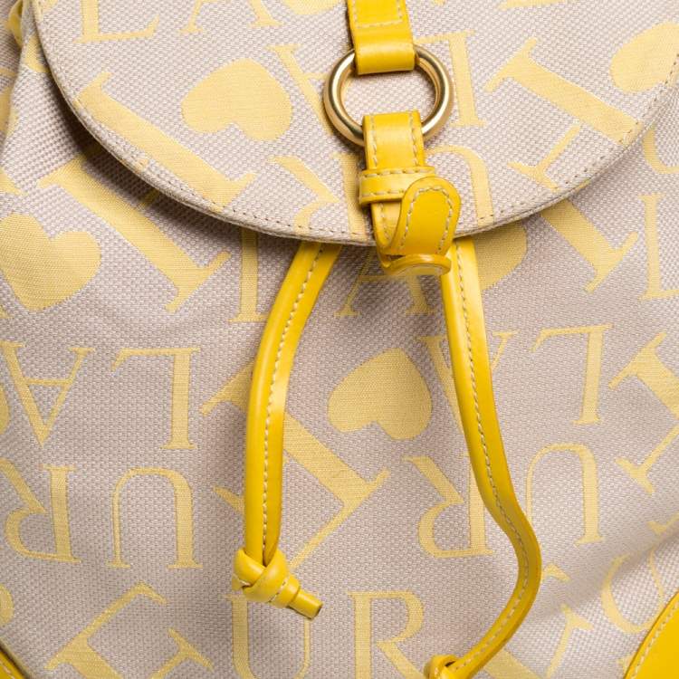 Pre Owned Furla Beige/Yellow Signature Canvas and Leather Flap Backpack
