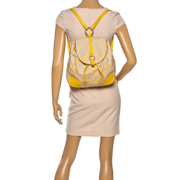 Pre Owned Furla Beige/Yellow Signature Canvas and Leather Flap Backpack