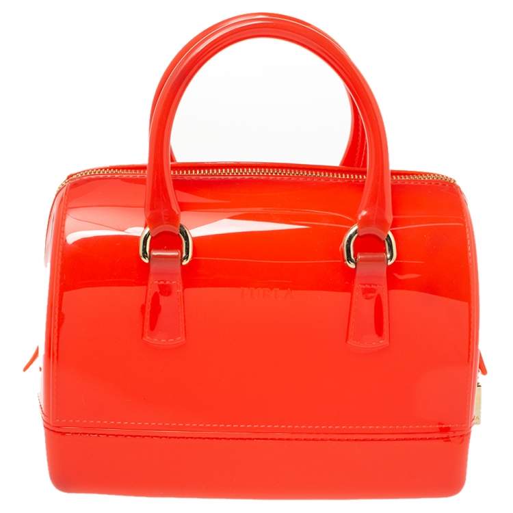 Pre Owned Furla Orange Glossy Rubber Mini Candy Satchel