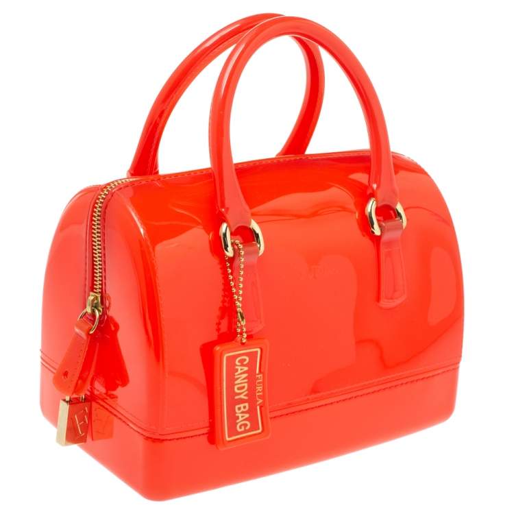 Pre Owned Furla Orange Glossy Rubber Mini Candy Satchel