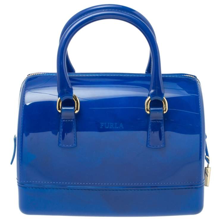 Pre Owned Furla Blue Glossy Rubber Mini Candy Satchel