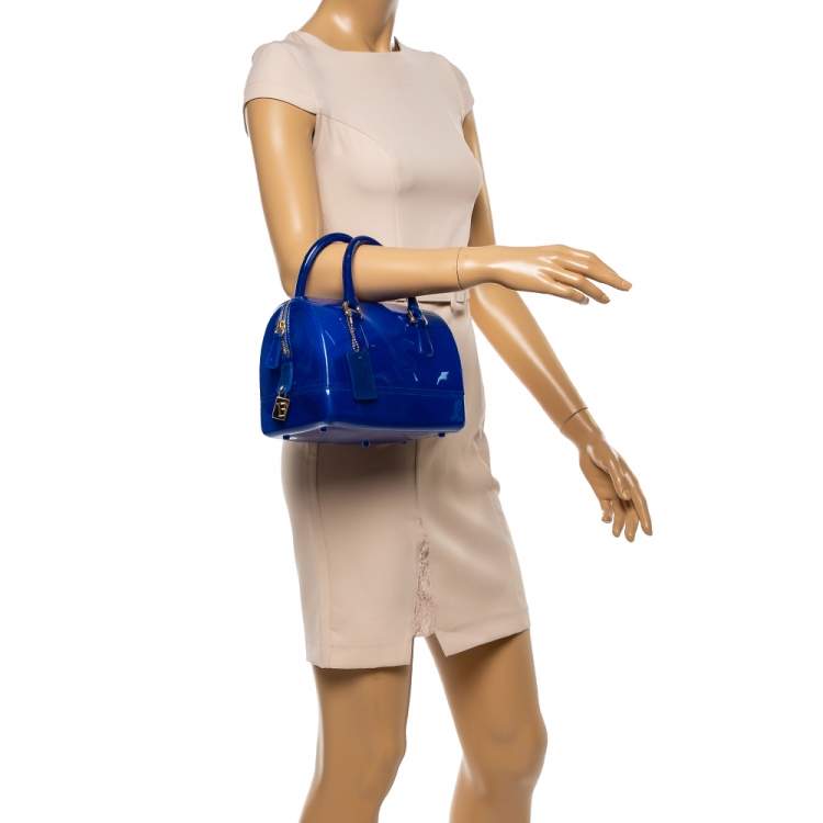 Pre Owned Furla Blue Glossy Rubber Mini Candy Satchel