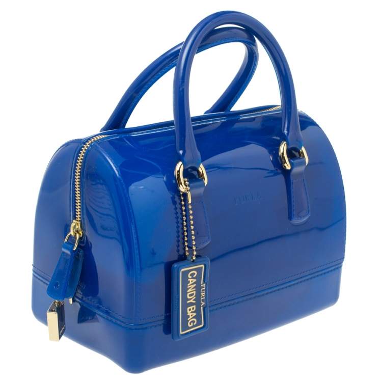 Pre Owned Furla Blue Glossy Rubber Mini Candy Satchel