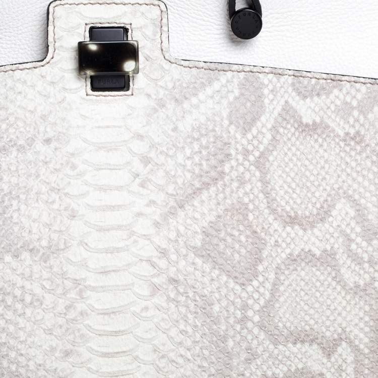 Pre Owned Furla Cream Python Embossed Leather Large Piper Cartella Top Handle Bag