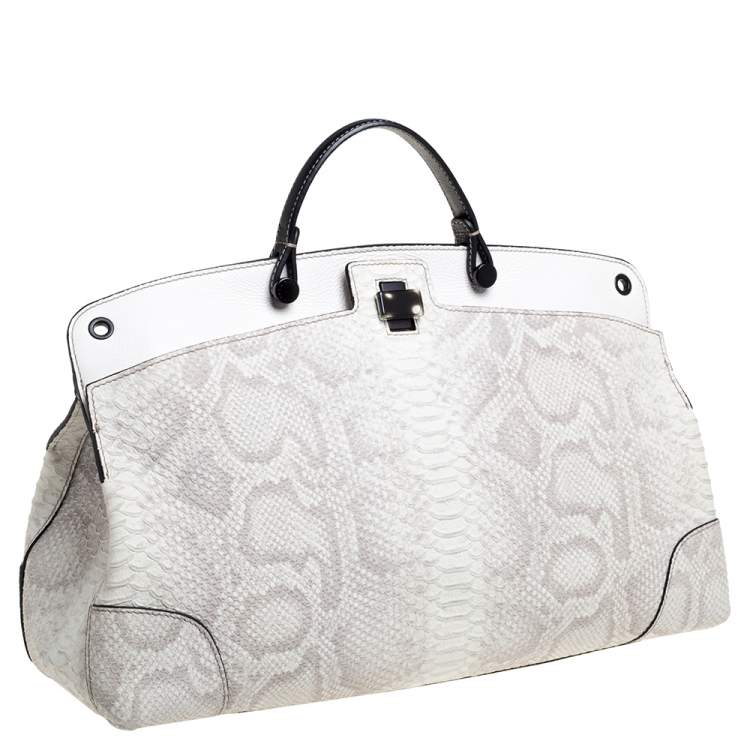 Pre Owned Furla Cream Python Embossed Leather Large Piper Cartella Top Handle Bag