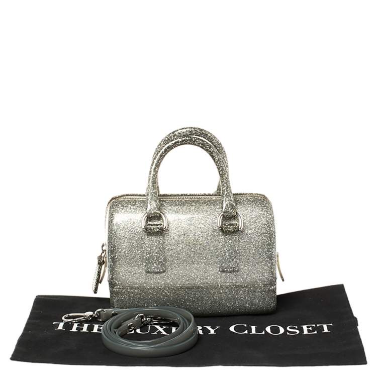 Pre Owned Furla Silver Glitter Rubber Mini Candy Satchel