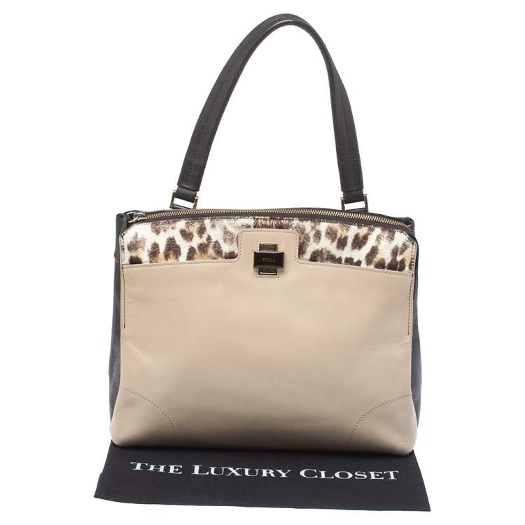 مملوكة مسبقًا Furla Brown/Beige Leather and Calfhair Satchel 