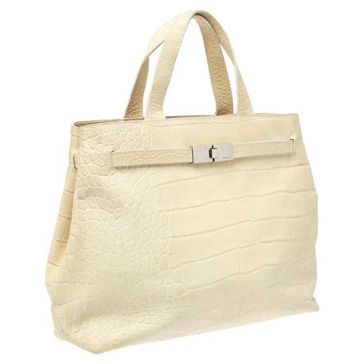 Pre Owned Furla Light Cream Croc Embossed Leather Presslock Tote