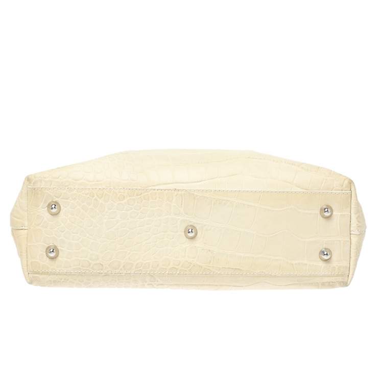 Pre Owned Furla Light Cream Croc Embossed Leather Presslock Tote