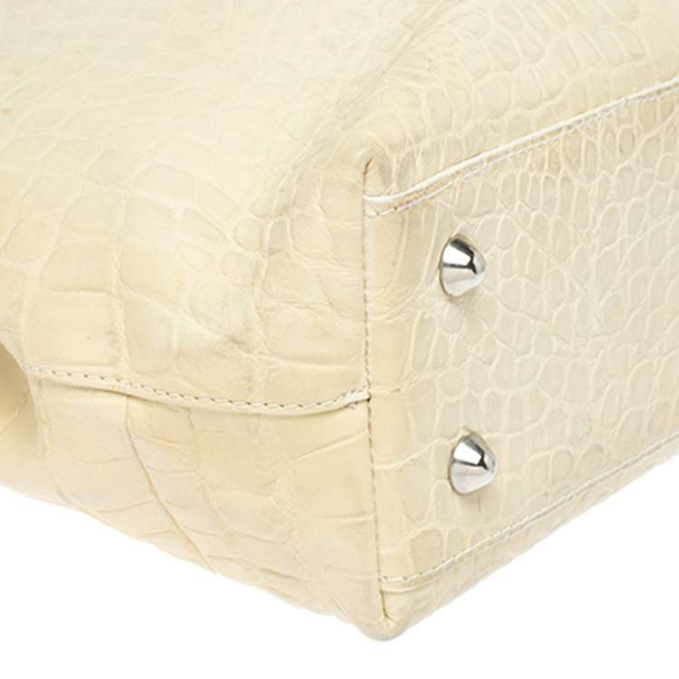 Pre Owned Furla Light Cream Croc Embossed Leather Presslock Tote