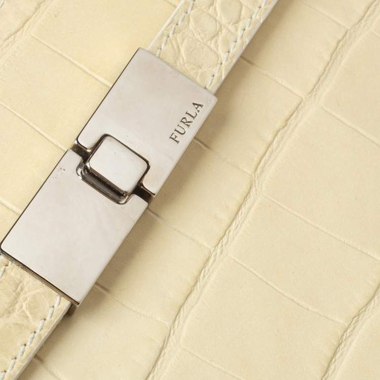 Pre Owned Furla Light Cream Croc Embossed Leather Presslock Tote