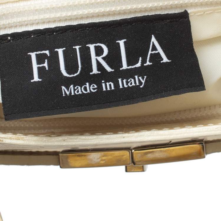 Pre Owned Furla Light Cream Croc Embossed Leather Presslock Tote