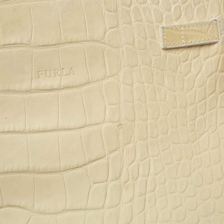 Pre Owned Furla Light Cream Croc Embossed Leather Presslock Tote