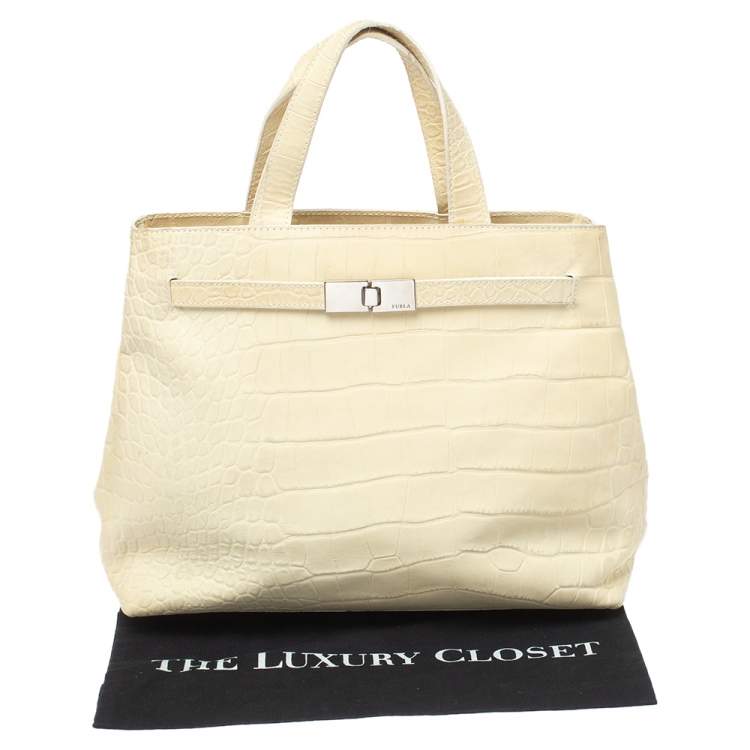 Pre Owned Furla Light Cream Croc Embossed Leather Presslock Tote