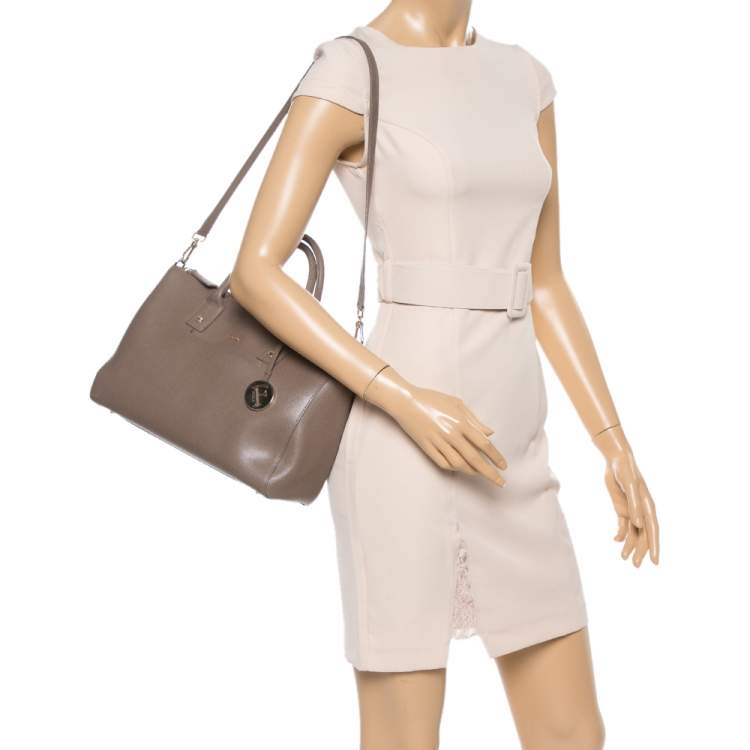 Pre Owned Furla Dark Beige Leather Medium Linda Tote