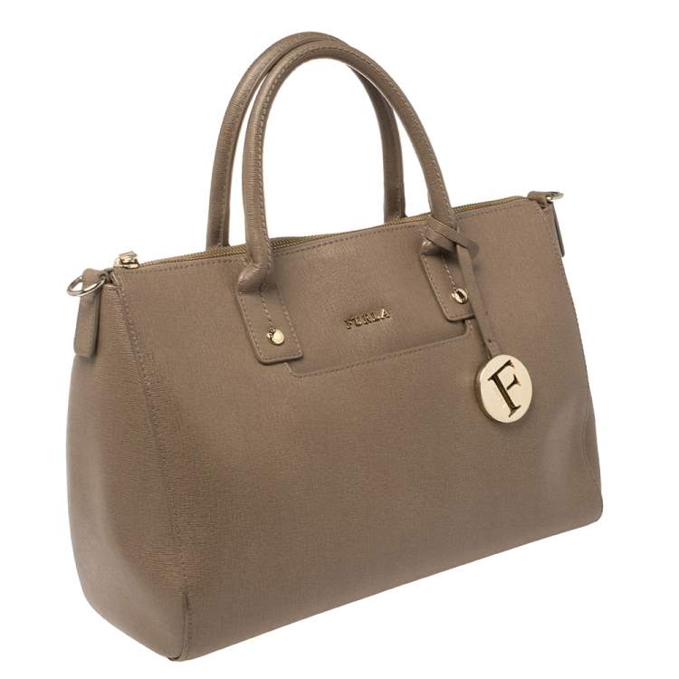 Pre Owned Furla Dark Beige Leather Medium Linda Tote