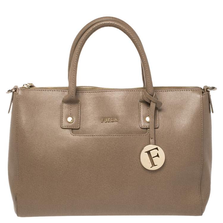 Pre Owned Furla Dark Beige Leather Medium Linda Tote