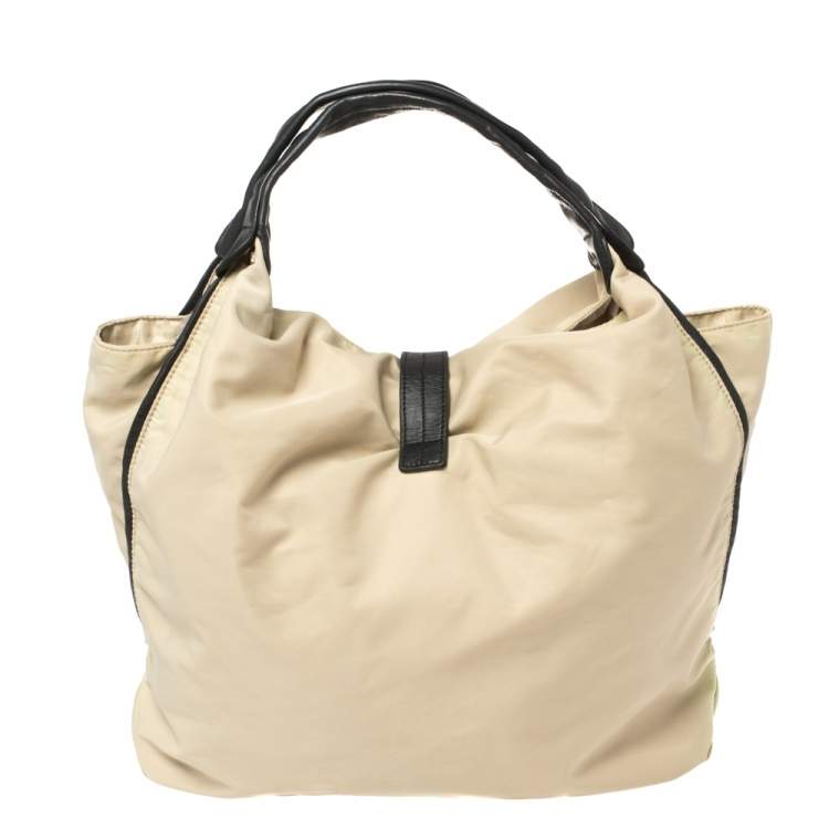 Pre Owned Furla Beige/Black Nylon and Leather Clasp Flap Shoulder Bag