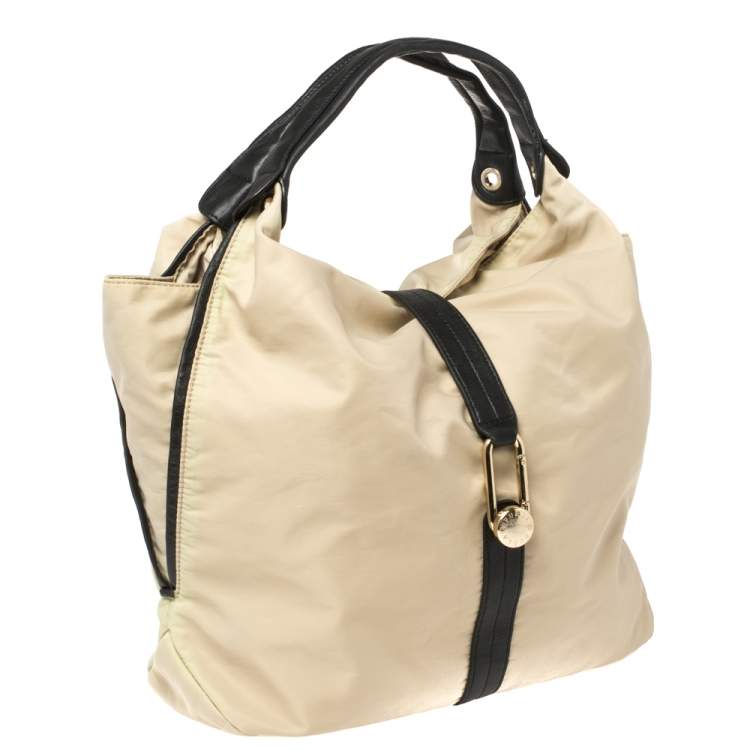 Pre Owned Furla Beige/Black Nylon and Leather Clasp Flap Shoulder Bag