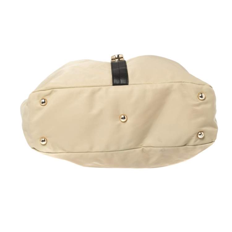Pre Owned Furla Beige/Black Nylon and Leather Clasp Flap Shoulder Bag