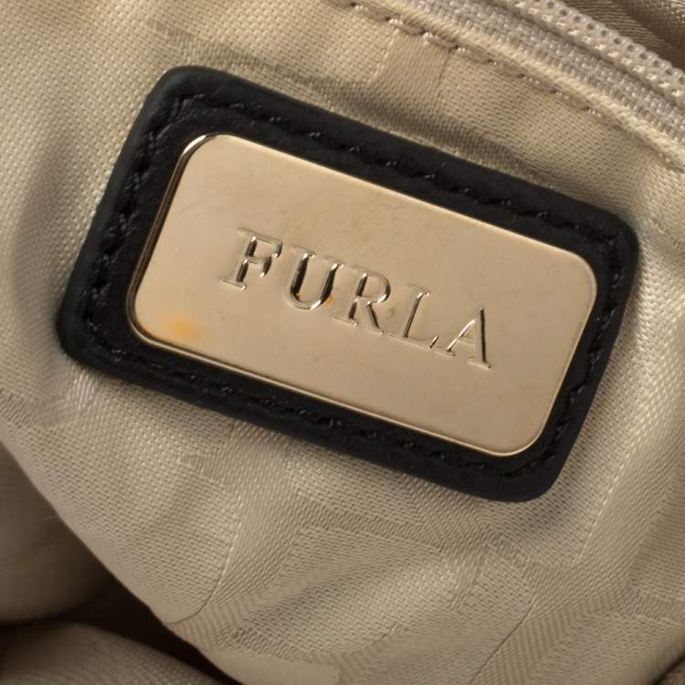 Pre Owned Furla Beige/Black Nylon and Leather Clasp Flap Shoulder Bag
