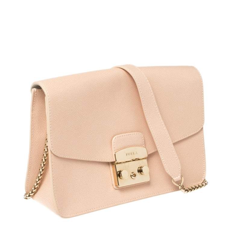Pre Owned Furla Peach Leather Small Metropolis Crossbody Bag